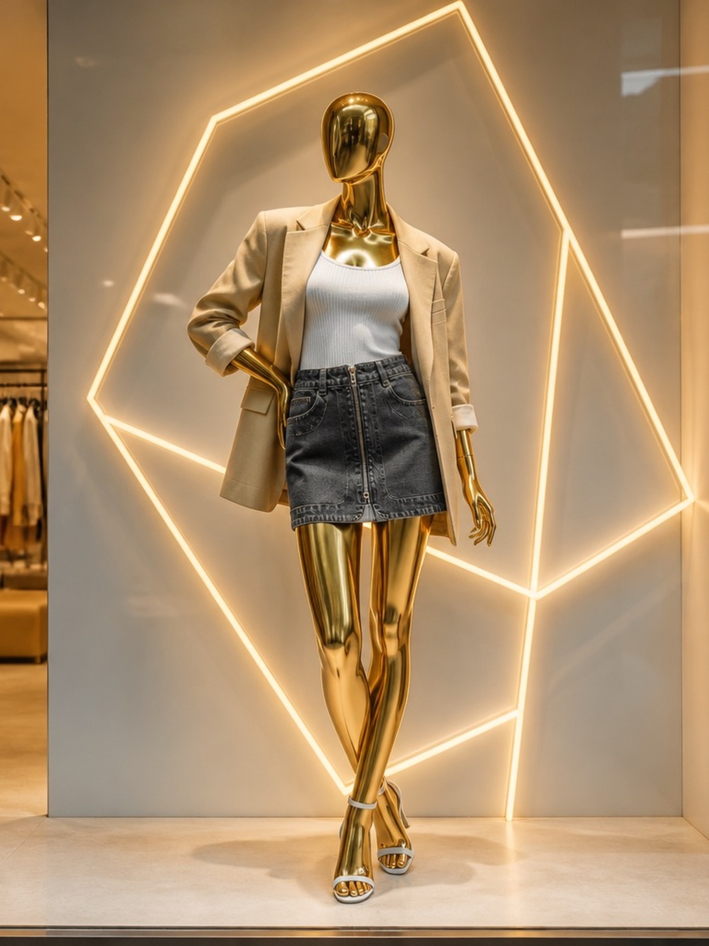 Jennifer Lopez Beige Blazer with White Tank and Dark Gray Denim Mini Skirt